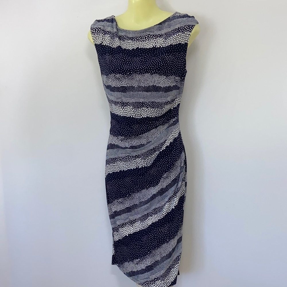 Ralph Lauren Dress Ruched Black Grey White Dot MIDI NWOT 6